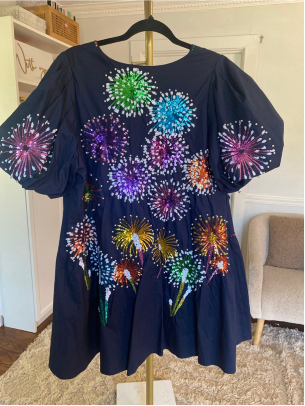 Queen Of Sparkles Navy Firework Sequin Puff Sleeve Mini Dress Quiet Luxury Bold - Picture 3 of 8